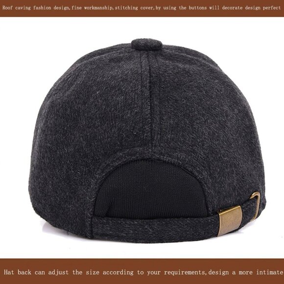🆕 Men Black Baseball Cap Winter Warm Wool Tweed Peaked Fold Earmuff Jacket Hat - Picture 4 of 6